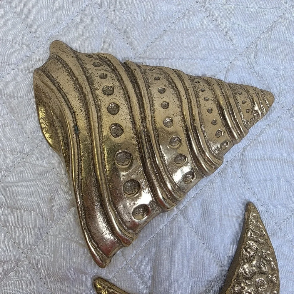 Vintage MCM Solid Brass Sea Shells Starfish Wall Hanging Decor Set of 4 Art Deco